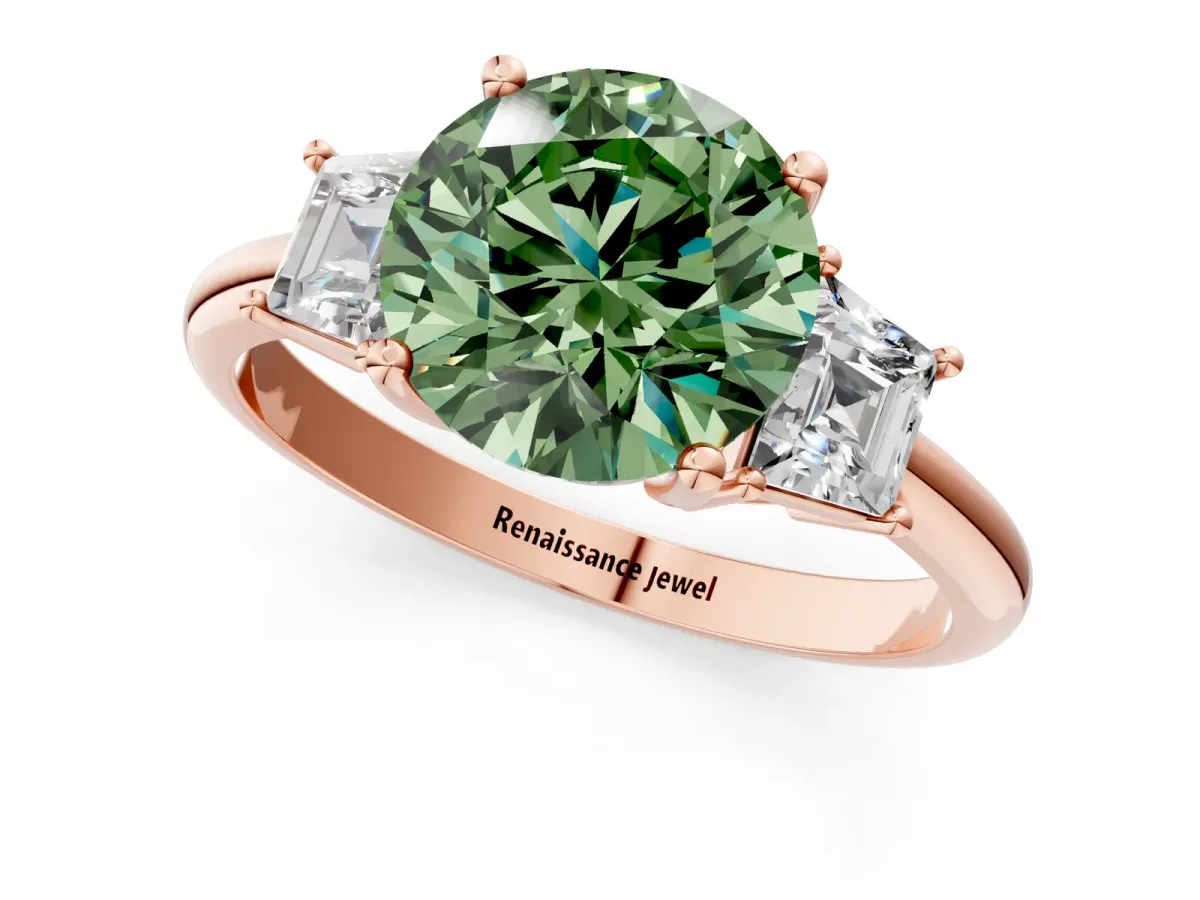 Fancy Green Round Cut Diamond Three-Stone Ring with Trapezoid Side Stones and Prong Setting Rose gold