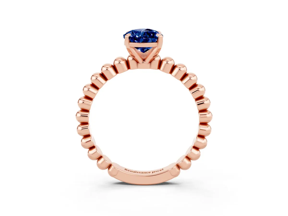 Pear Cut Blue Sapphire Solitaire Ring with Beaded Band and Prong Setting Rose gold