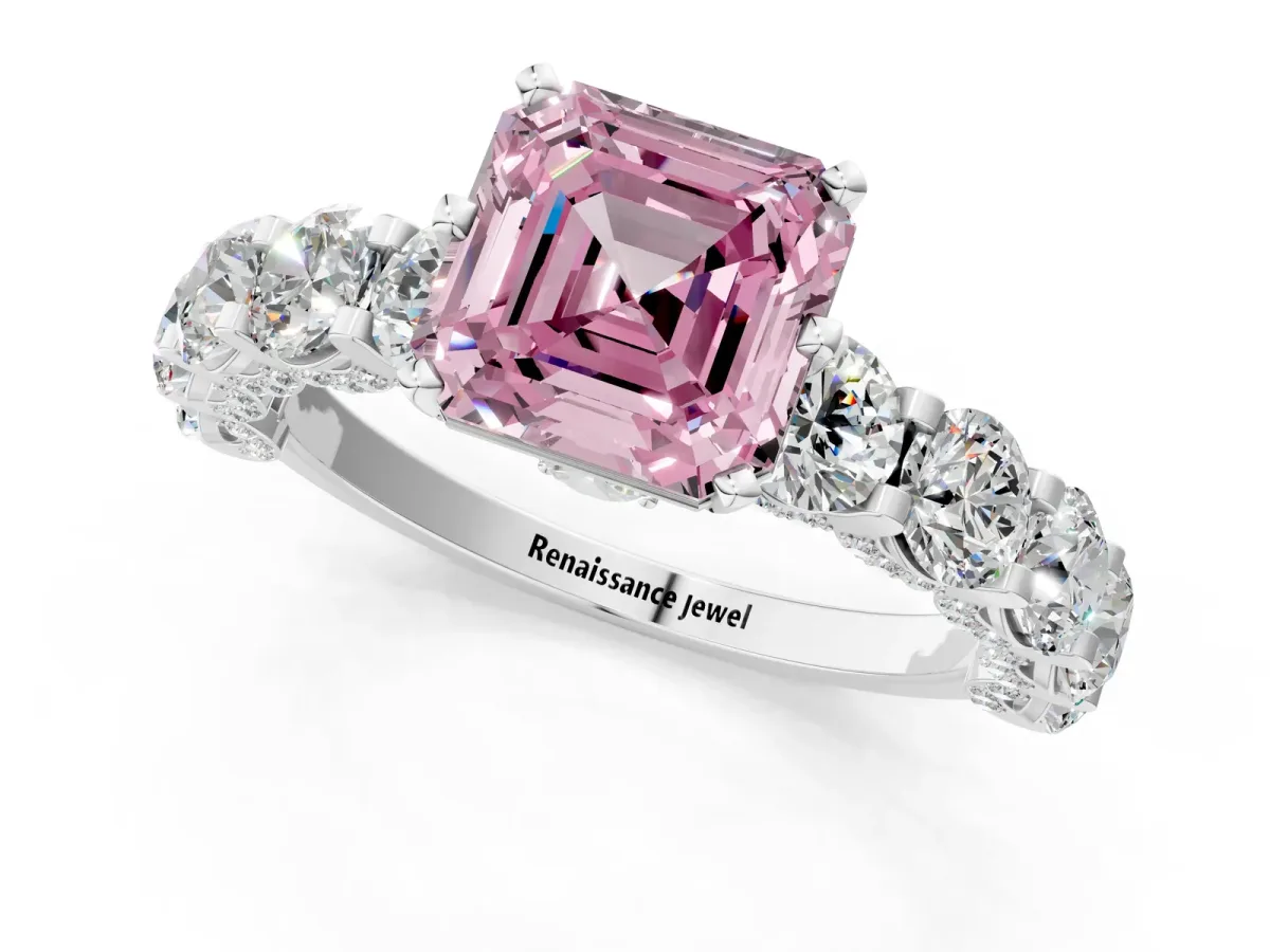Fancy Pink Asscher Cut Diamond Side Stone Engagement Ring with Four-Prong Setting Silver