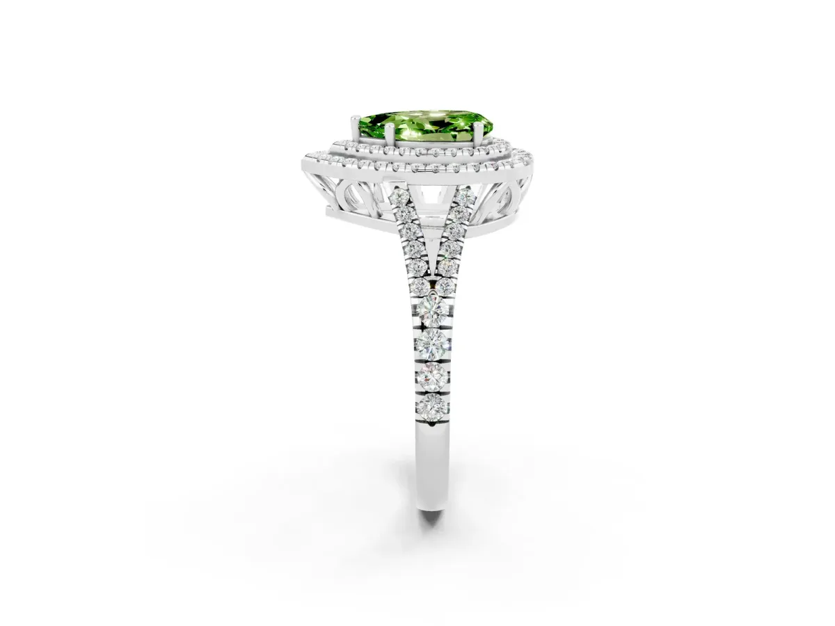Pear Cut Peridot Double Halo Ring with Pavé Band and Prong Setting Silver