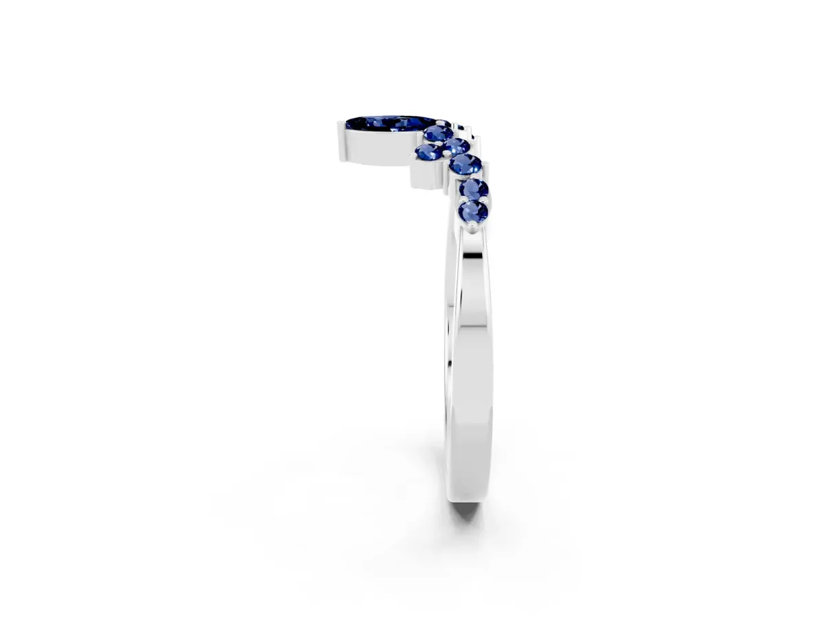 Marquise and Round Blue Sapphire Chevron Band with Prong Setting Silver