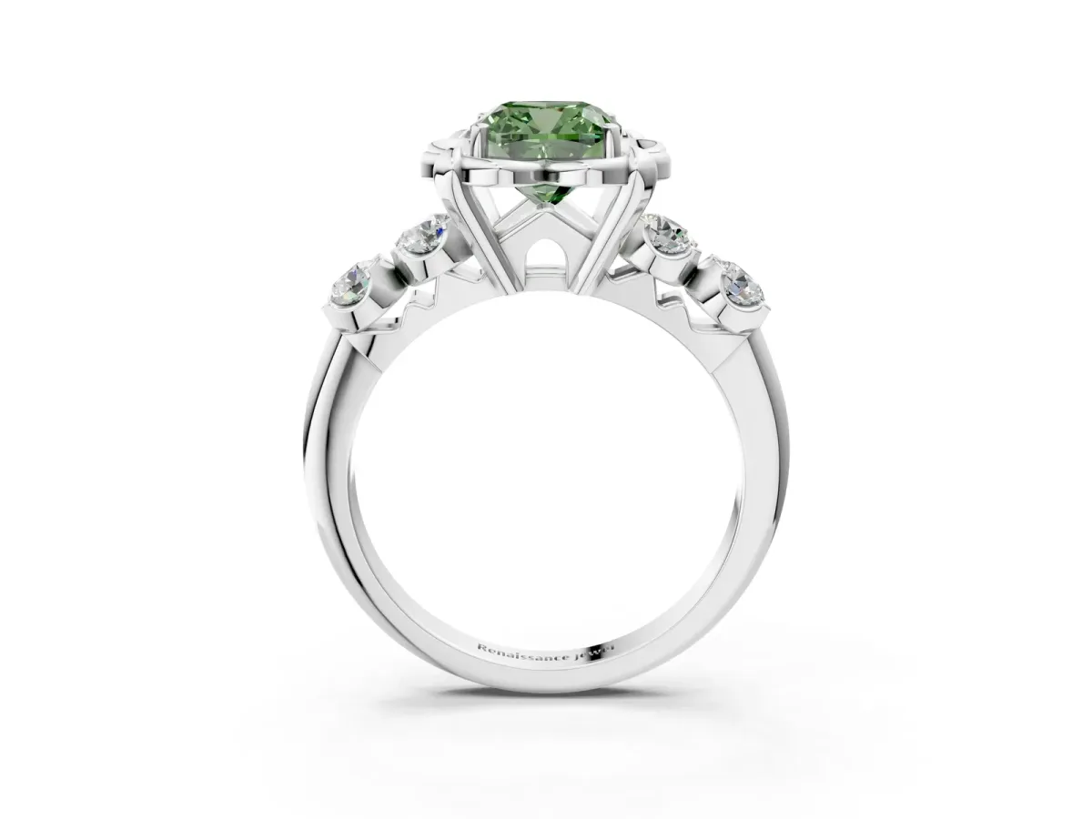 Fancy Green Cushion Cut Cut Diamond Floral Halo Engagement Ring with Shared Prong Setting Silver