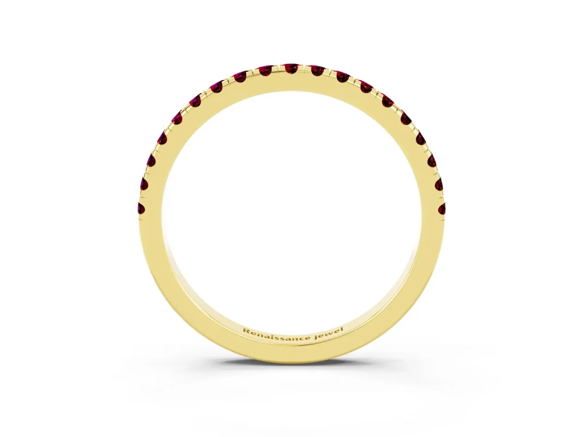 Pavé Round Garnet Half Eternity Band with Shared Prong Setting Yellow gold