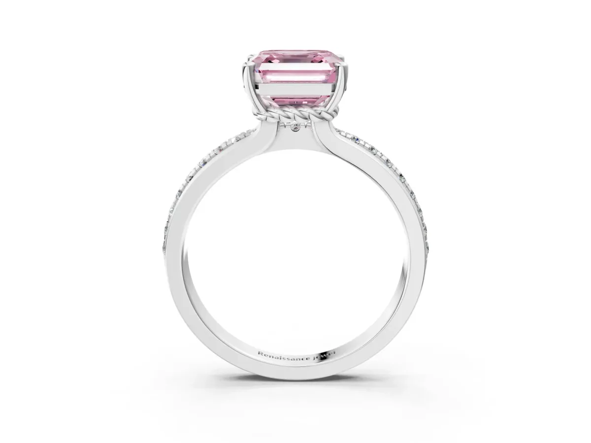 Fancy Pink Asscher Cut Solitaire Diamond Ring with Channel Set Band and Six-Prong Setting Platinum