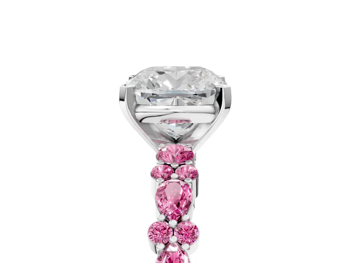 Cushion Cut Diamond Side Stone Solitaire Ring with Round Pink Sapphire and Four-Prong Setting Silver