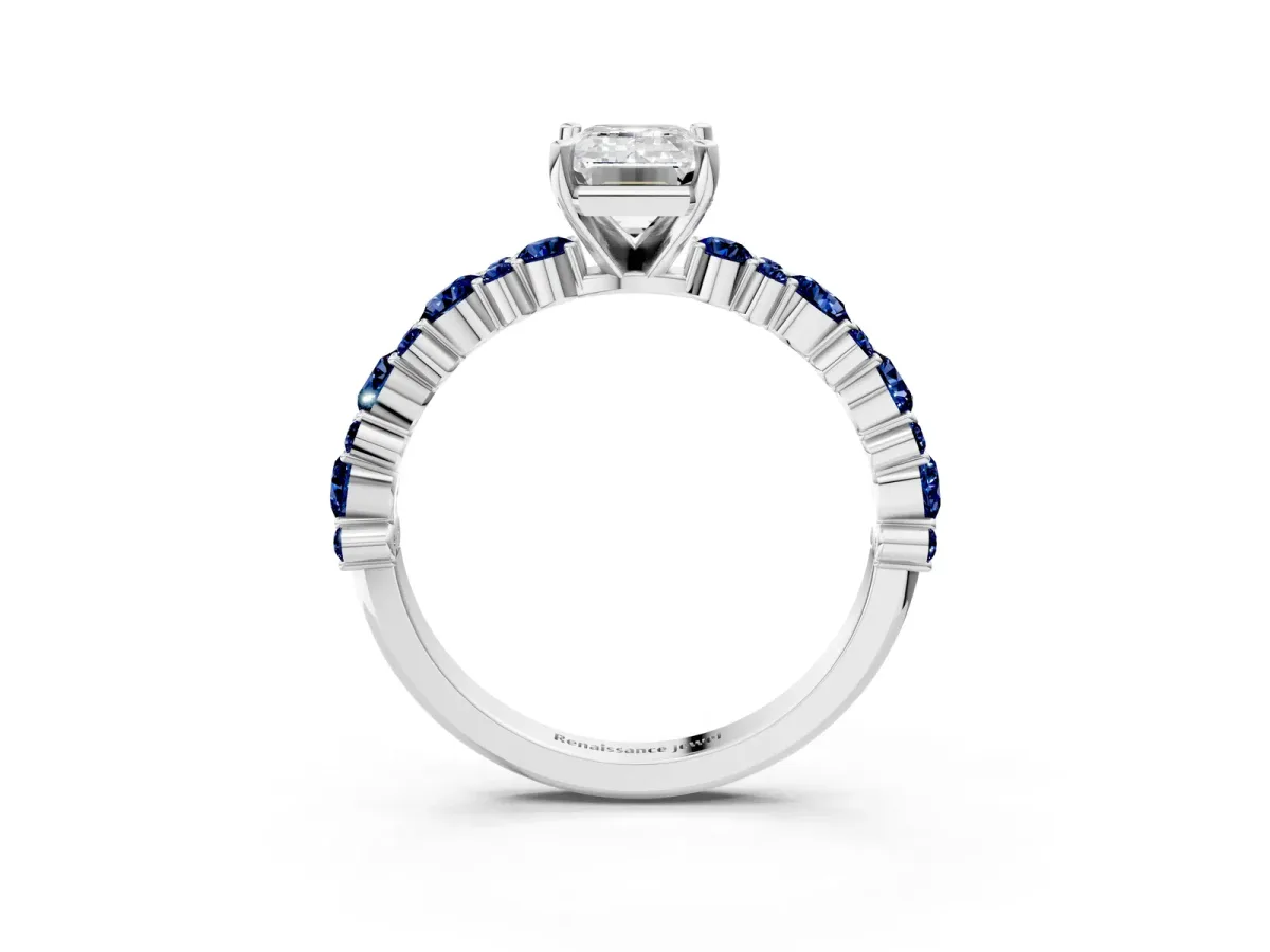 Emerald Cut Diamond Side Stone Solitaire Ring with Round Blue Sapphire and Four-Prong Setting Silver