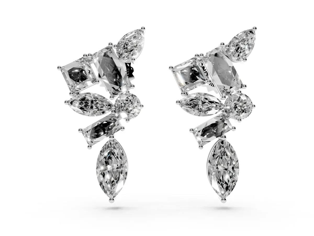 Princess, Baguette, Marquise, Pear and Round Diamond Cluster Stud Earrings Platinum
