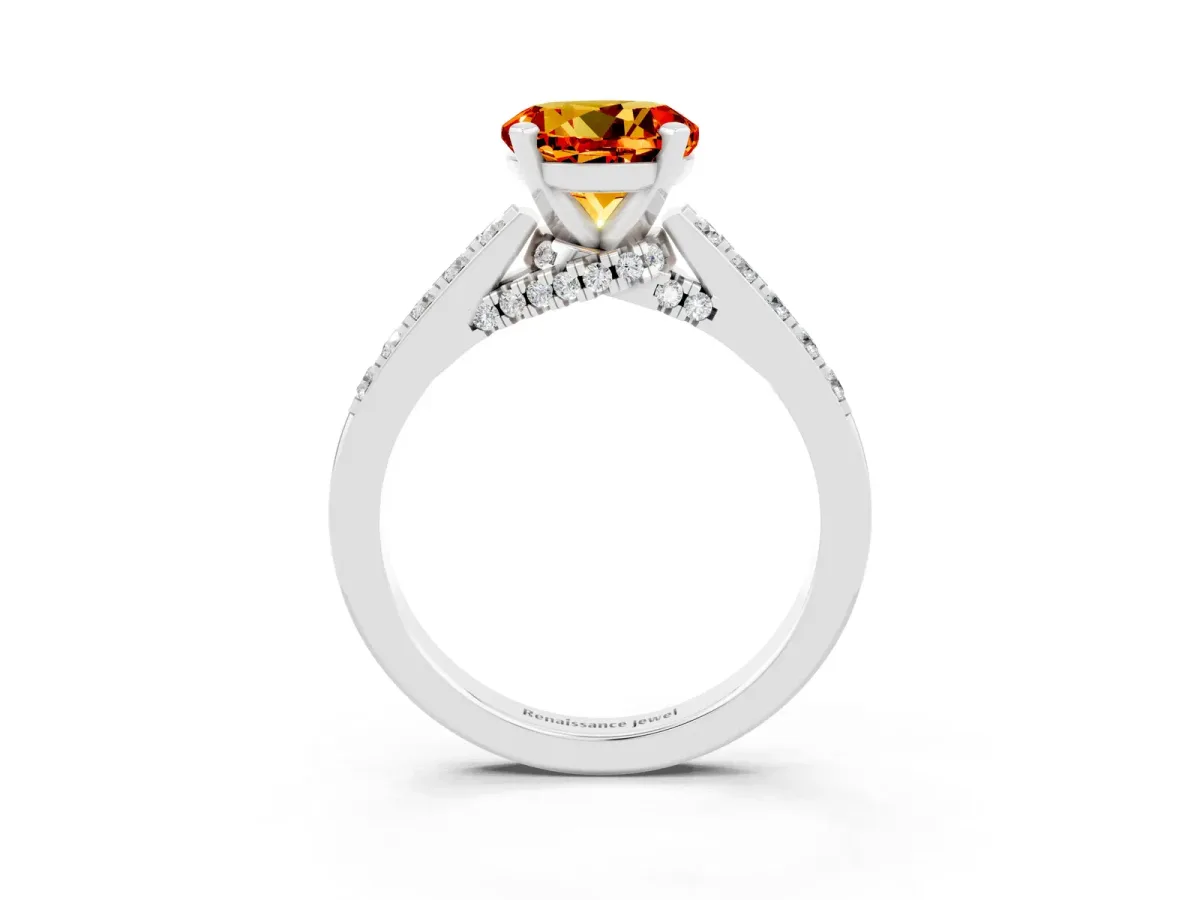 Round Cut Citrine Solitaire Ring with Crossover Gallery and Round Pavé Band Silver