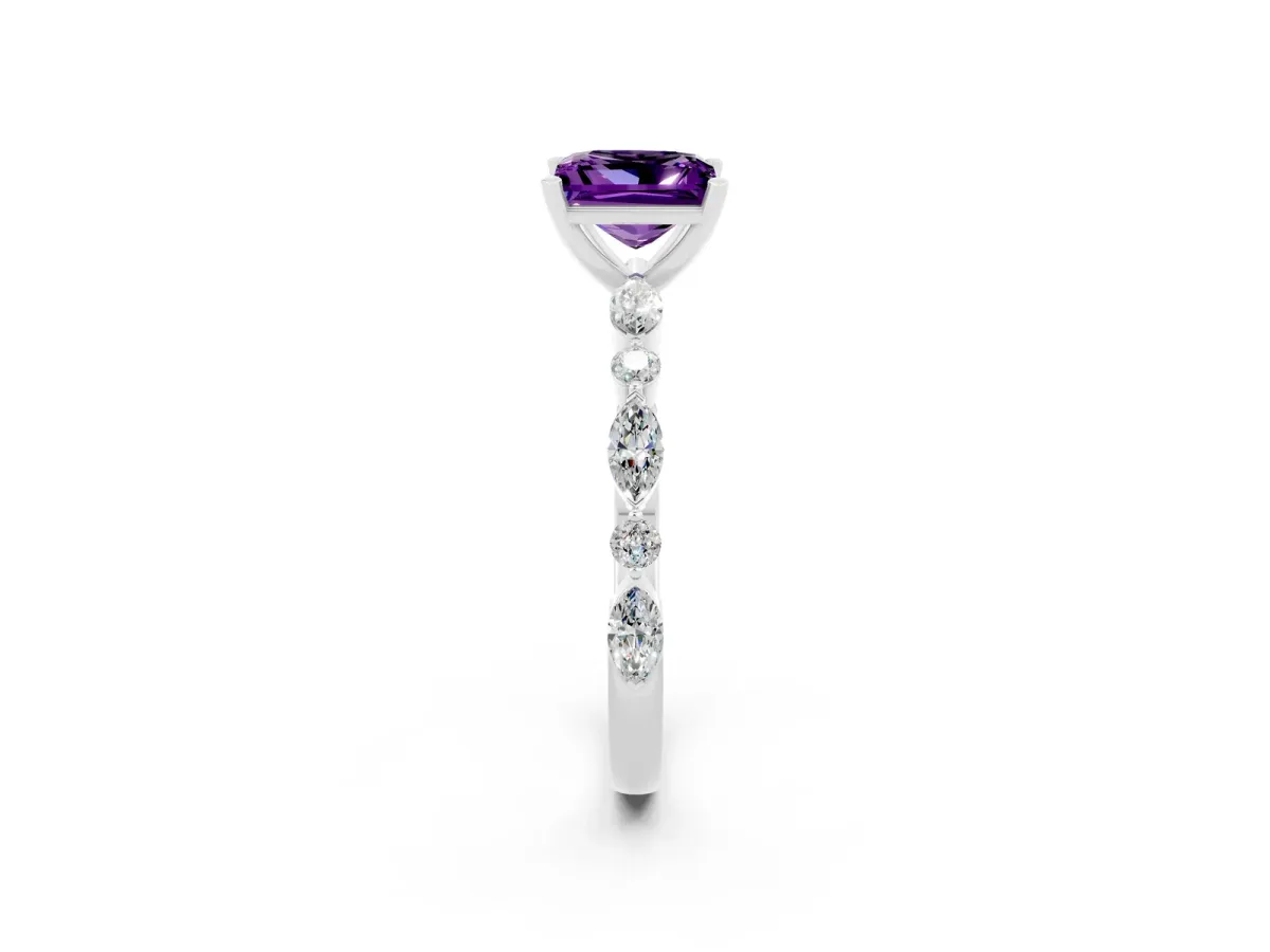 Princess Cut Amethyst Ring with Marquise and Round Side Stones and Four-Prong Setting Silver