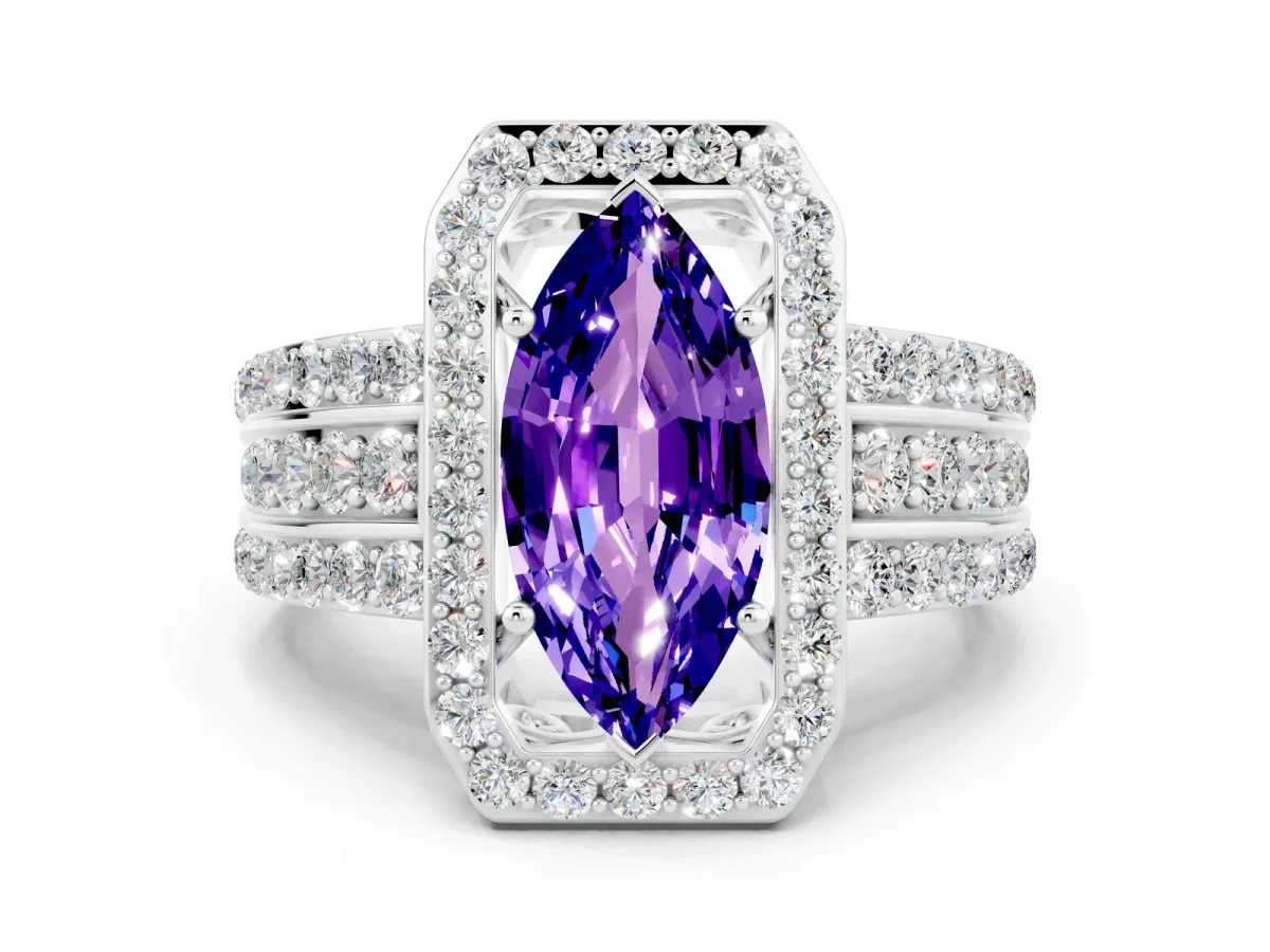 Marquise Cut Halo Tanzanite Ring with Round Split Shank and Prong Setting Silver