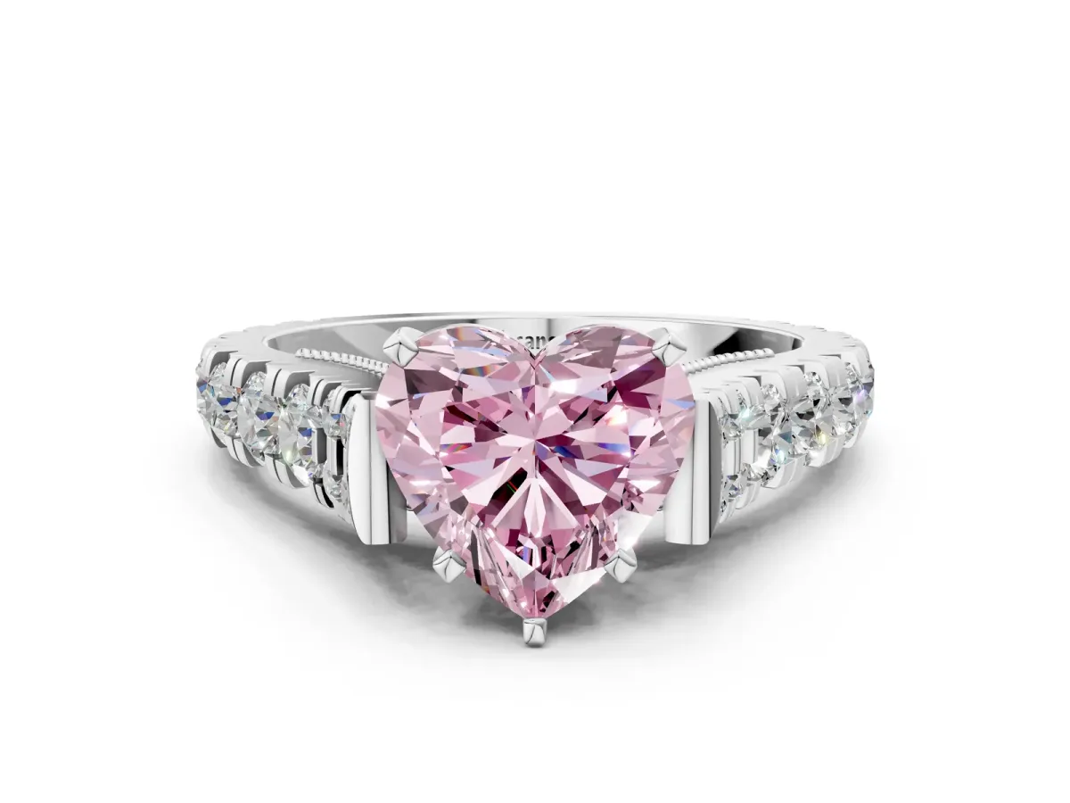Fancy Pink Heart Cut Diamond Classic Solitaire Ring with Pavé Band and Four-Prong Setting Silver