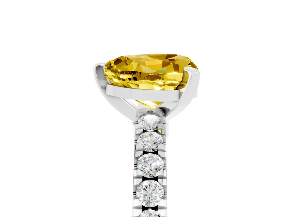 Heart Cut Solitaire Yellow Sapphire with Pavé Band and Four-Prong Setting Silver