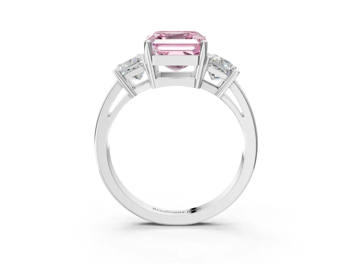 Fancy Pink Three-Stone Asscher Cut Cut Solitaire Ring with Prong Setting Platinum