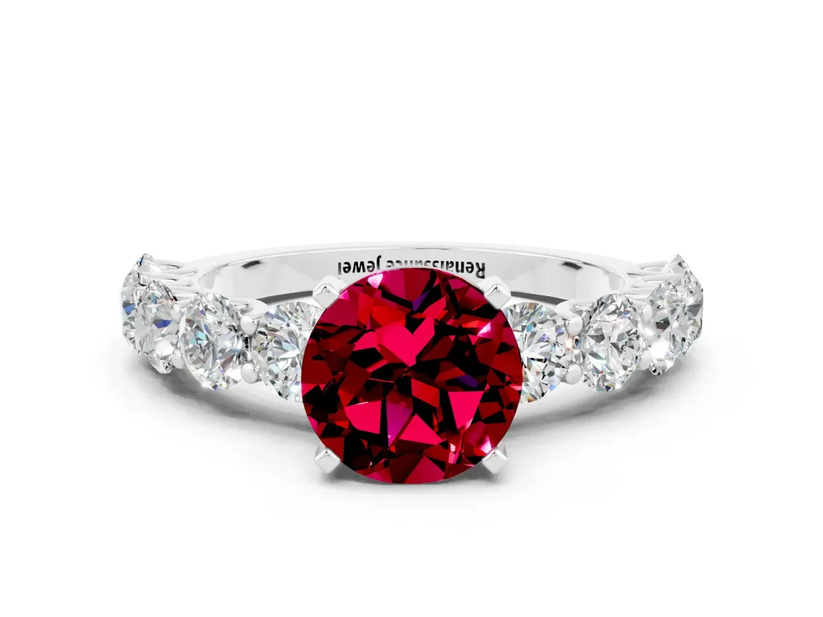 Round Cut Garnet Prong Setting with Side Stones on a Pave Band Platinum