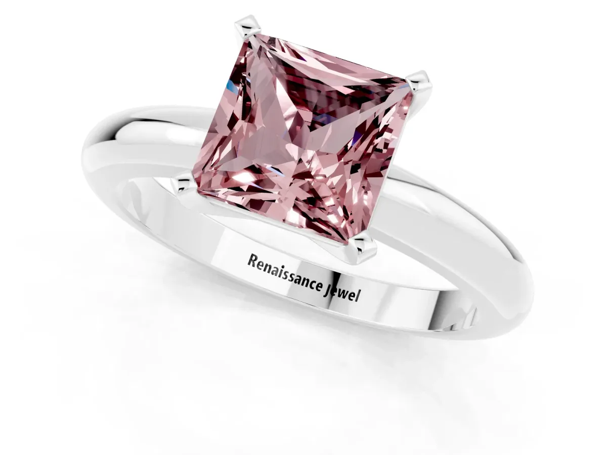 Princess Cut Morganite Solitaire Engagement Ring with Round Band and Four-Prong Setting Silver
