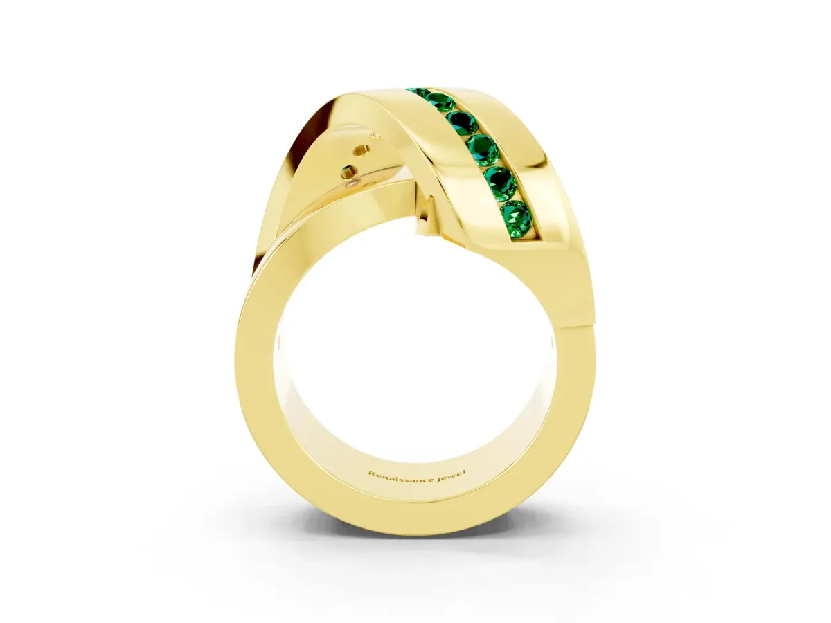 Pavé Round Emerald Crossover Band with Channel Setting Yellow gold