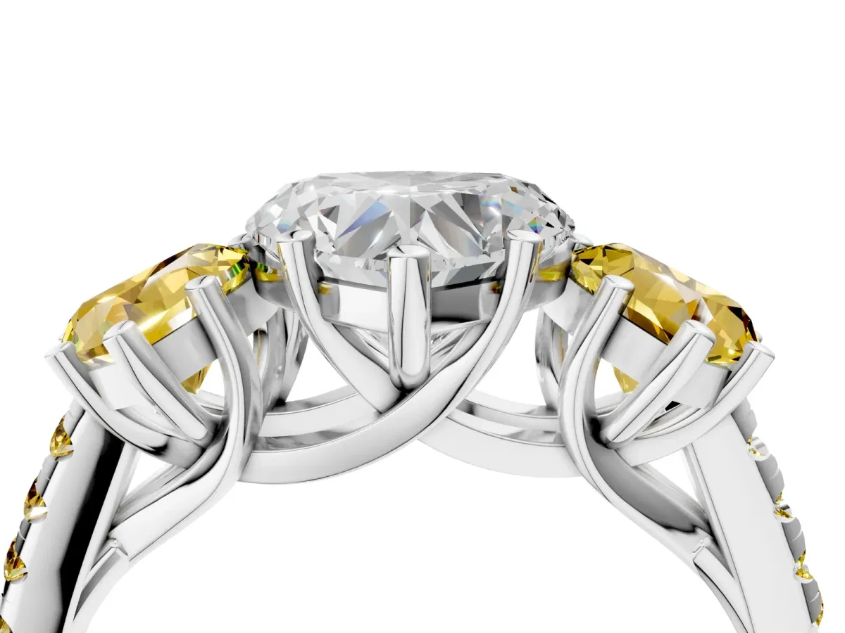 Three-Stone Heart Cut Diamond Ring with Round Yellow Sapphire Pavé Band and Prong Setting Silver