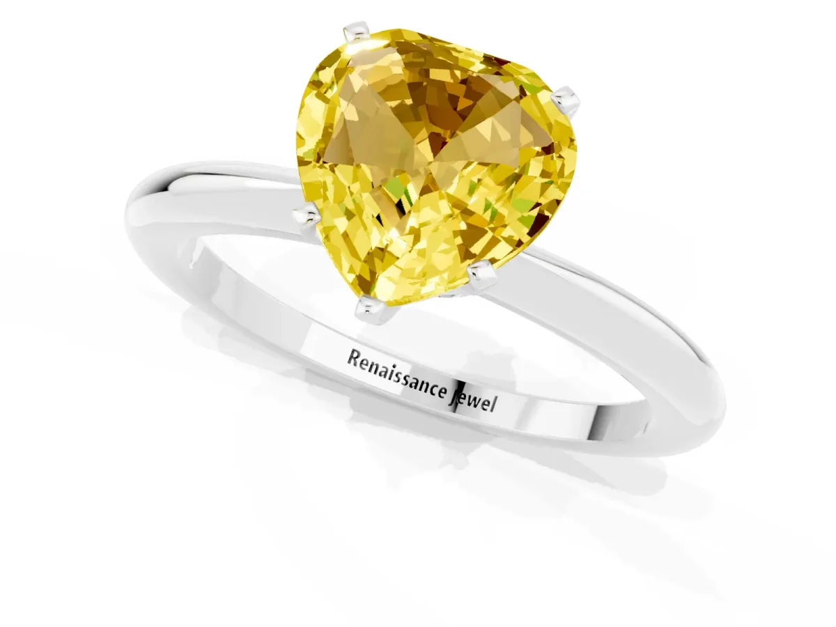 Heart Cut Yellow Sapphire Solitaire Ring with Six-Prong Setting and Classic Band Silver