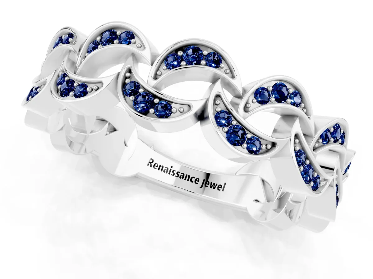 Pavé Round Blue Sapphire Interlocking Eternity Band with Bezel Prong Setting Platinum
