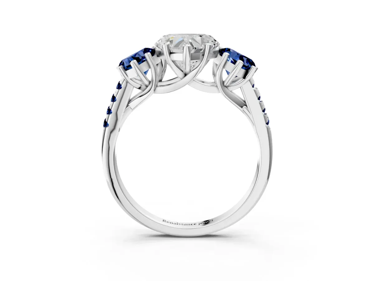 Three-Stone Heart Cut Diamond Ring with Round Blue Sapphire Pavé Band and Prong Setting Silver
