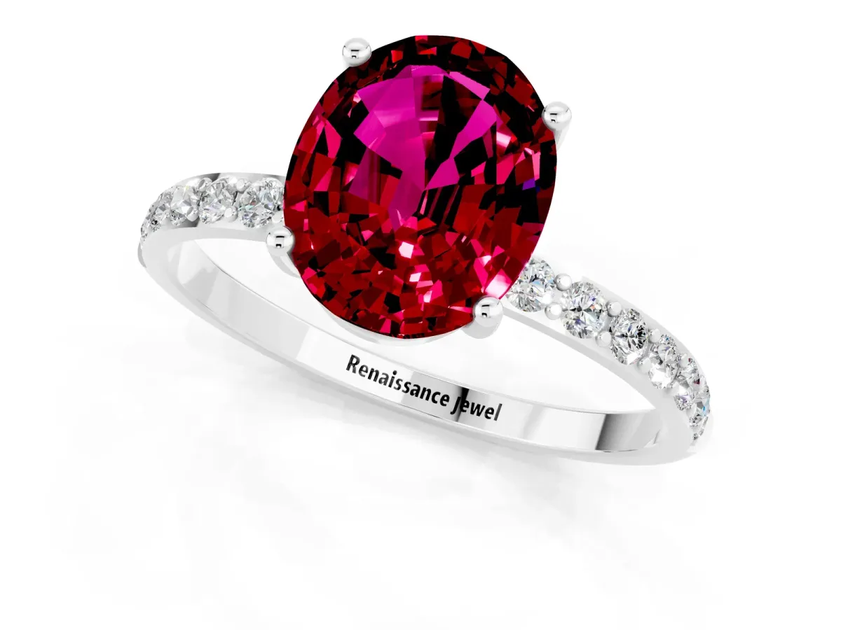Oval Cut Garnet Solitaire Ring with Round Pavé Band and Prong Setting Silver