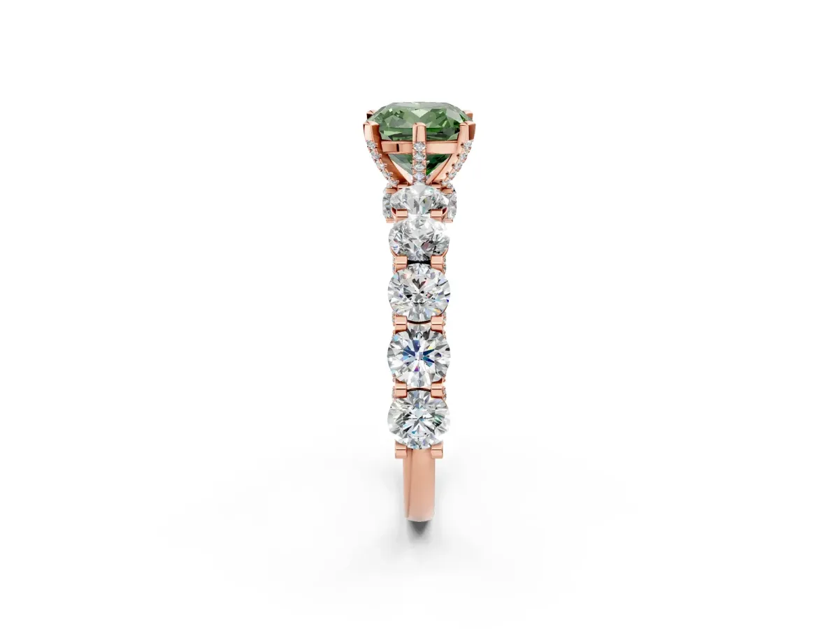 Fancy Green Cushion Cut Diamond Side Stone Engagement Ring with Four-Prong Setting Rose gold