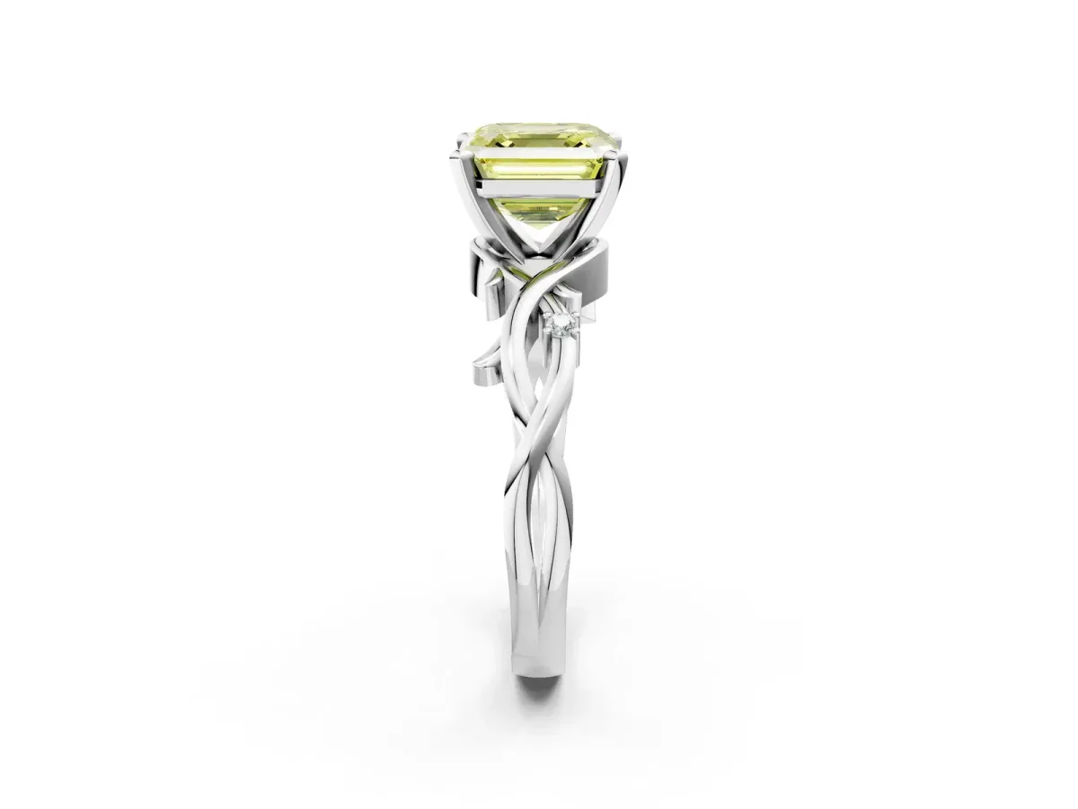 Fancy Yellow Asscher Cut Diamond Solitaire Ring with Twisted Band and Prong Setting Platinum