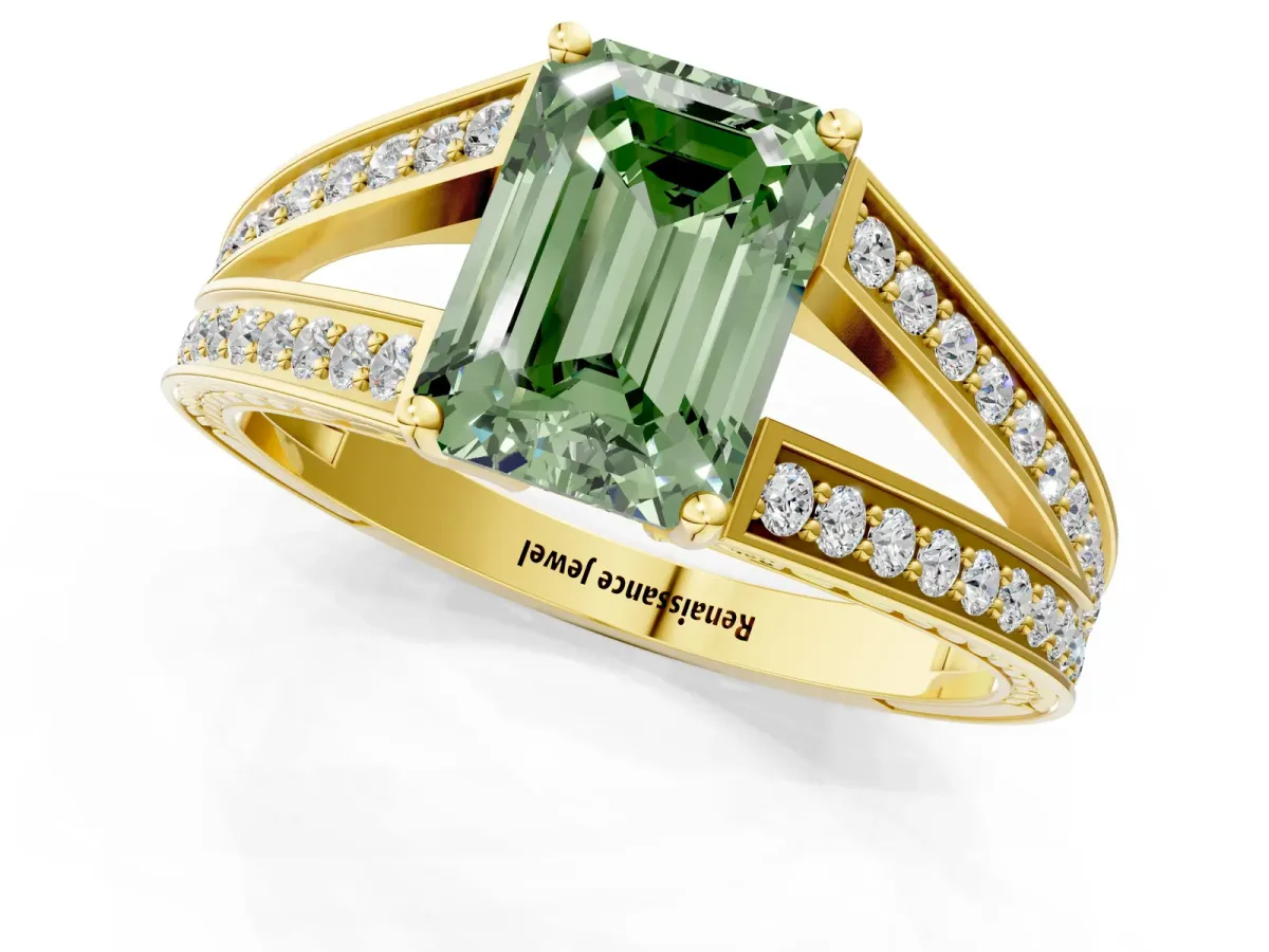 Fancy Green Emerald Cut Diamond Split Shank Ring with Pavé Band and Four-Prong Setting Yellow gold