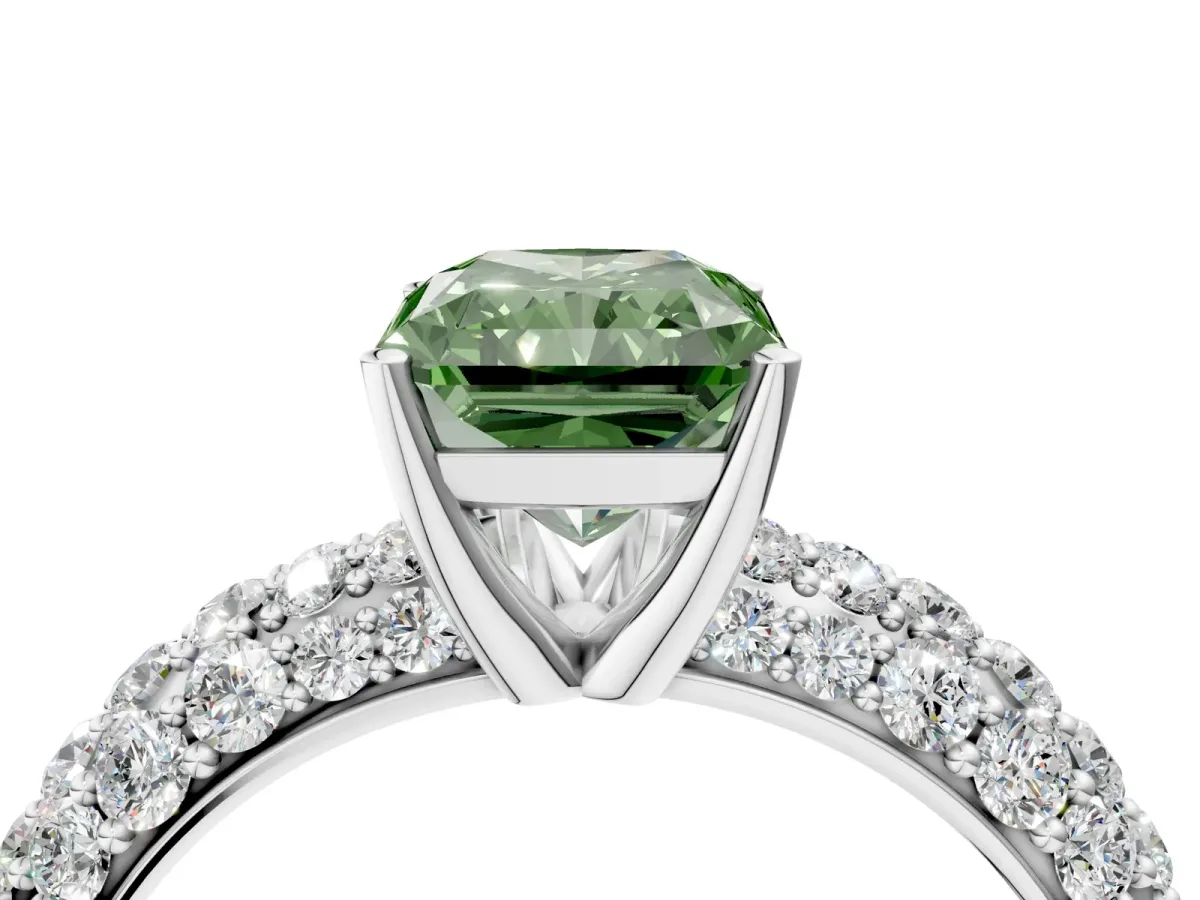 Fancy Green Radiant Cut Diamond Pavé Band Solitaire Ring with Four-Prong Setting Platinum