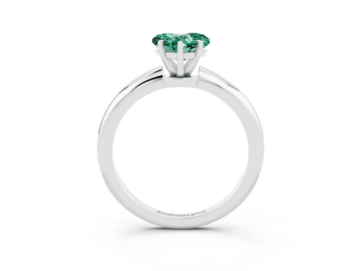 Heart Cut Green Sapphire Solitaire Ring with Six-Prong Setting and Classic Band Silver