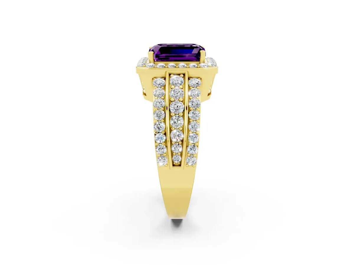 Emerald Cut Halo Amethyst Ring with Round Split Shank and Prong Setting Yellow gold