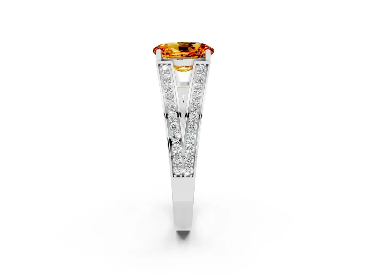 Oval Cut Citrine Split Shank Ring with Pavé Band and Four-Prong Setting White gold