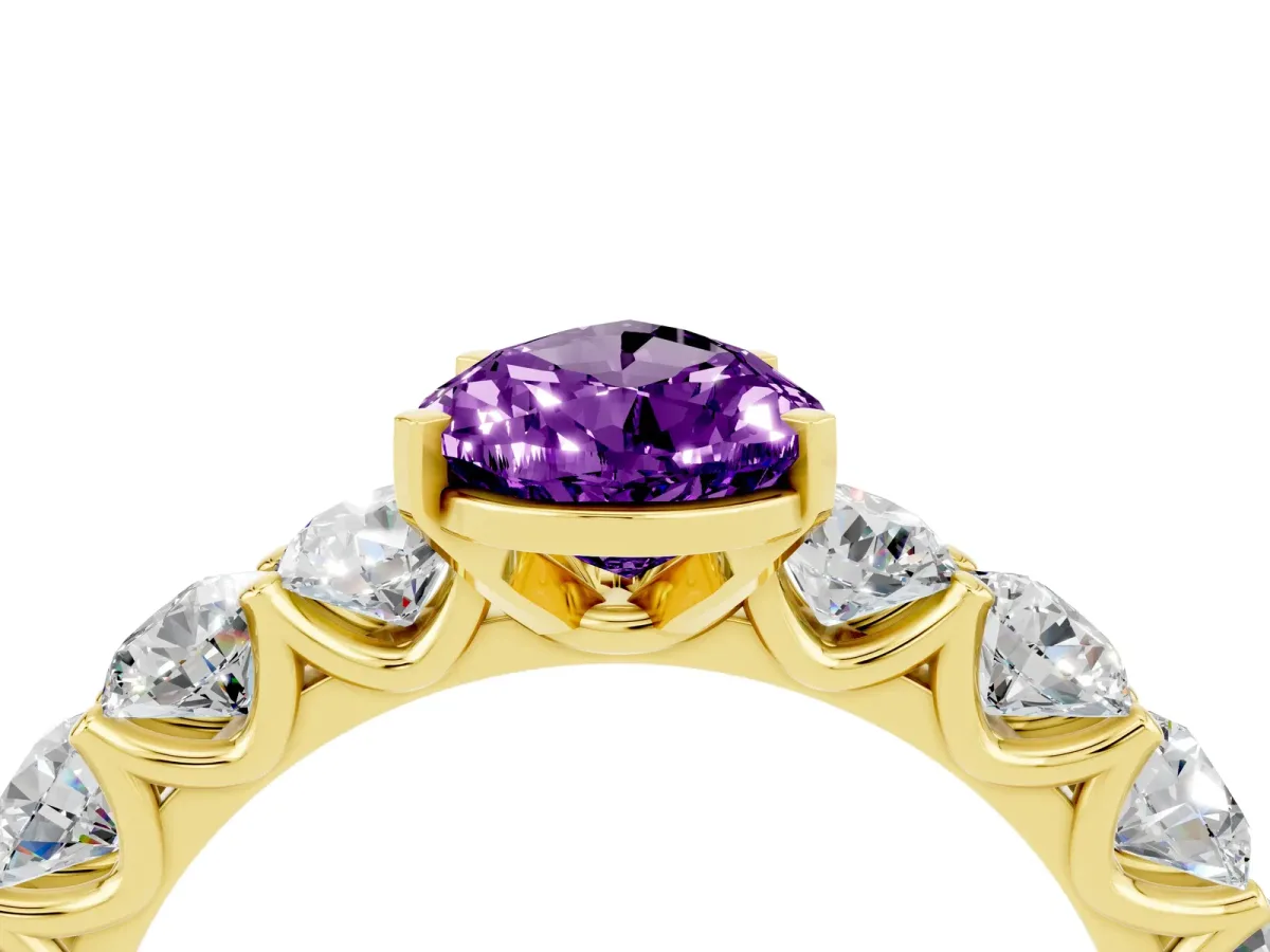 Pear Cut Amethyst Prong Setting with Side Stones on a Pave Band Yellow gold