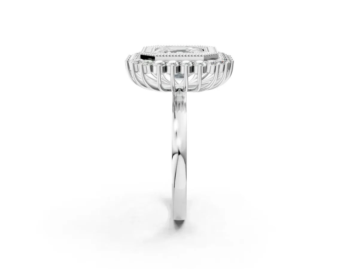 Asscher Cut Halo Diamond Ring with Milgrain Edge and Round Prong Setting Platinum