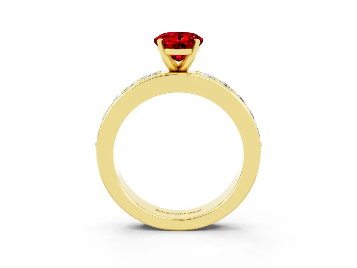 Oval Cut Ruby Engagement Ring with Channel Set Round Band and Prong Setting Yellow gold