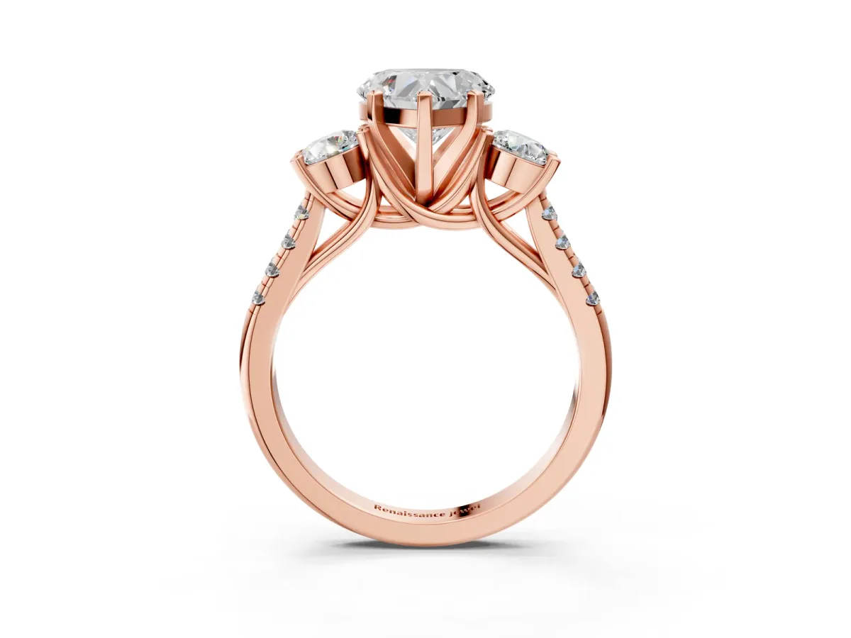 Three-Stone Heart Cut Diamond Pavé Band with Four-Prong Setting Rose gold