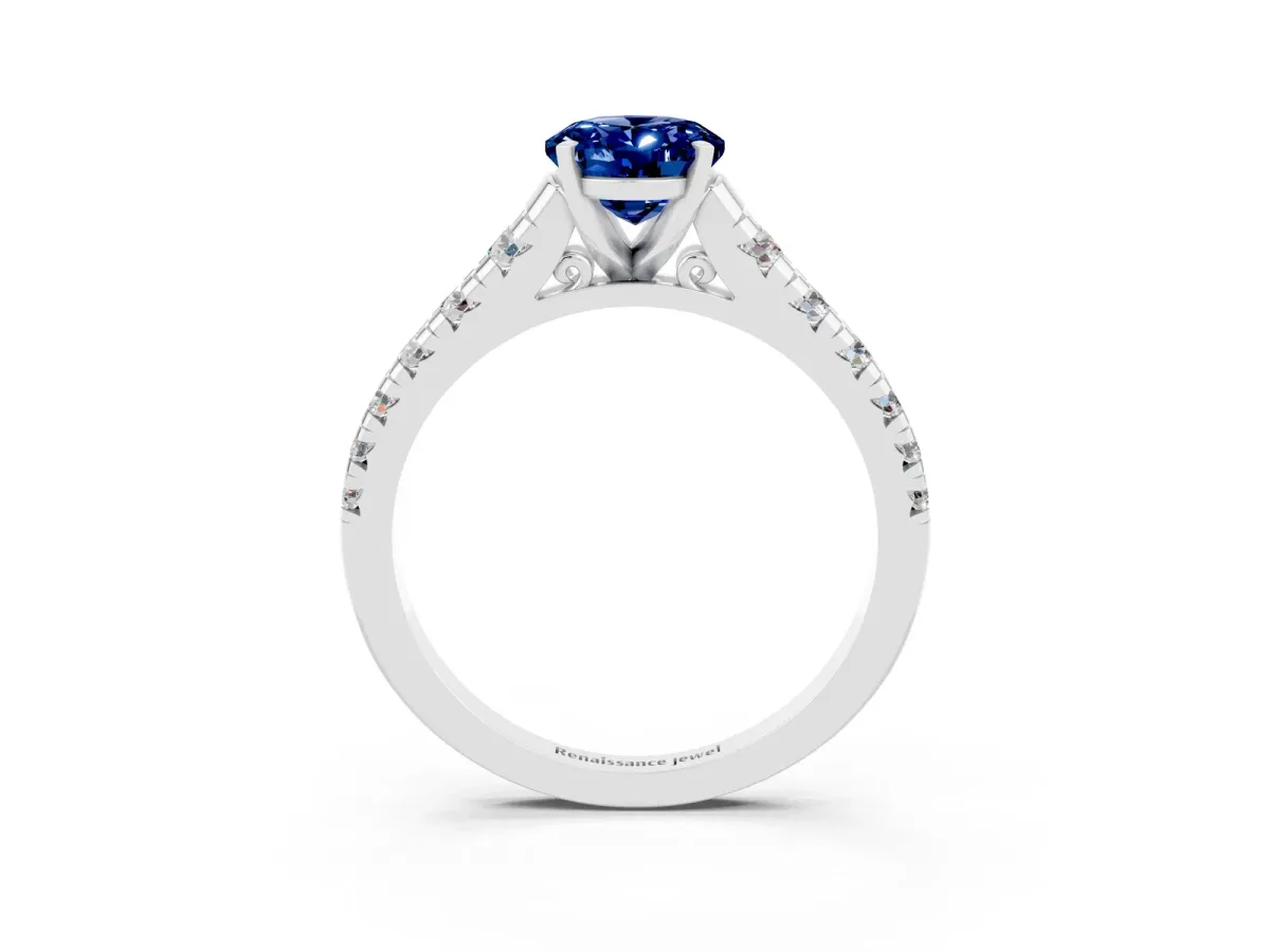 Oval Cut Blue Sapphire Cathedral Solitaire Ring with Round Pavé Band Silver