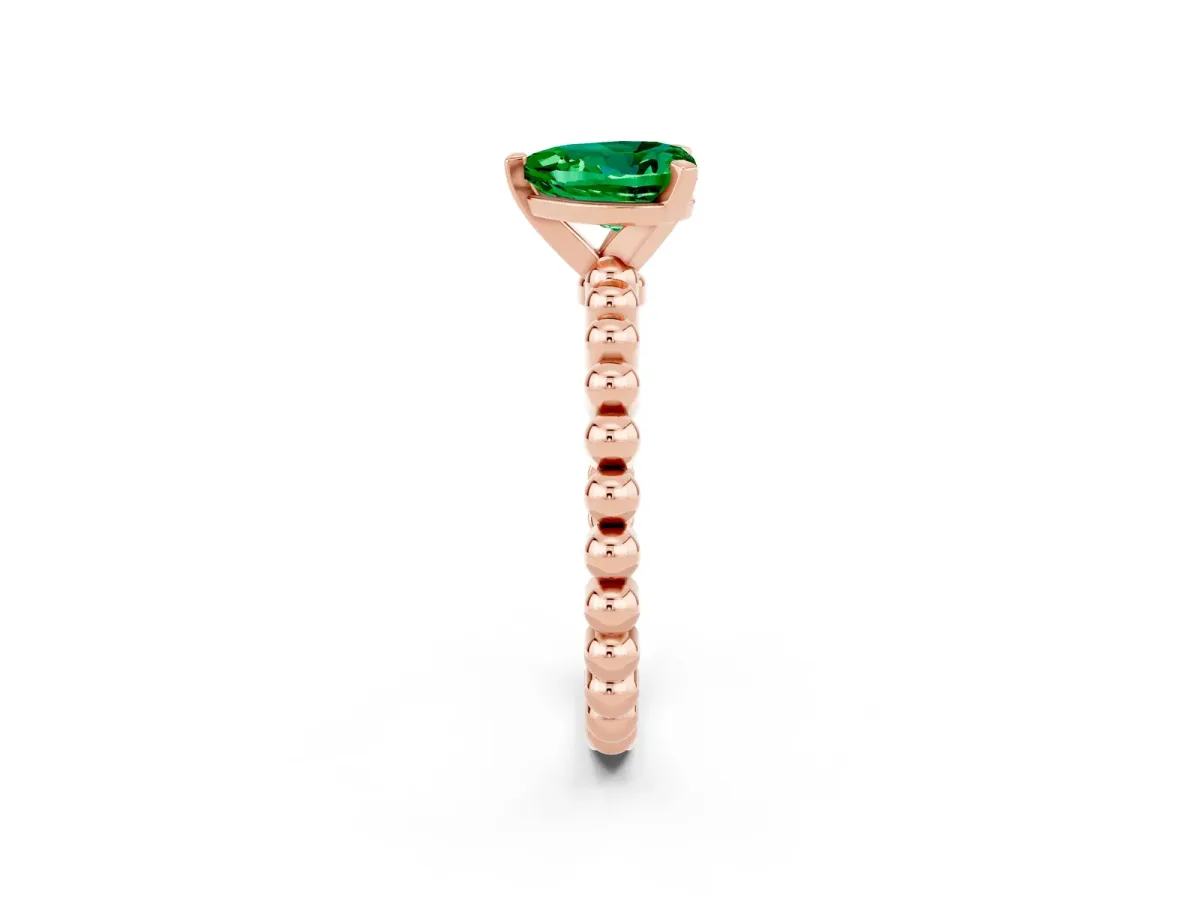 Heart Cut Emerald Solitaire Ring with Beaded Band and Prong Setting Rose gold