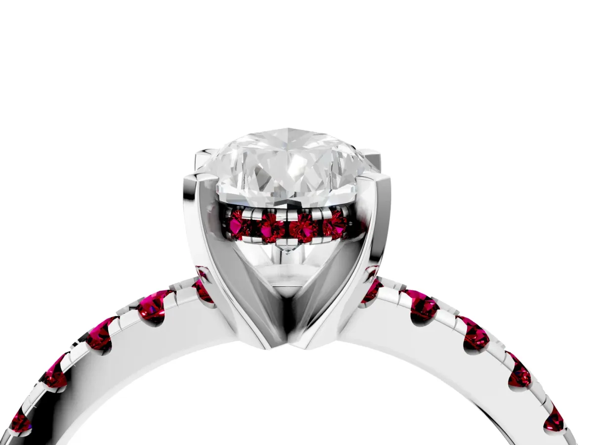 Pear Cut Diamond Solitaire Ring with Round Garnet Pavé Band and Four-Prong Setting Silver