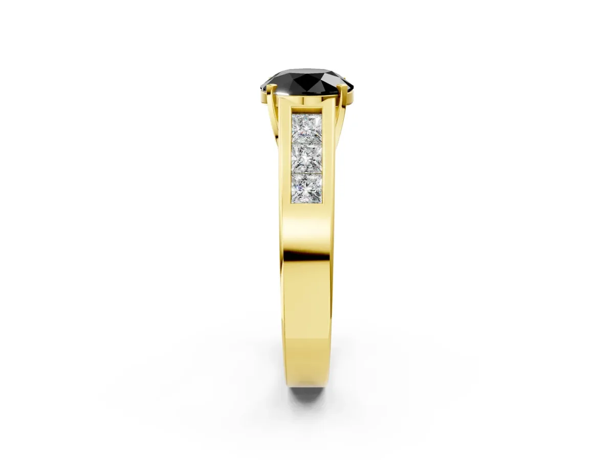 Fancy Black Round Cut Cut Channel Set Solitaire Ring with Four-Prong Setting Yellow gold