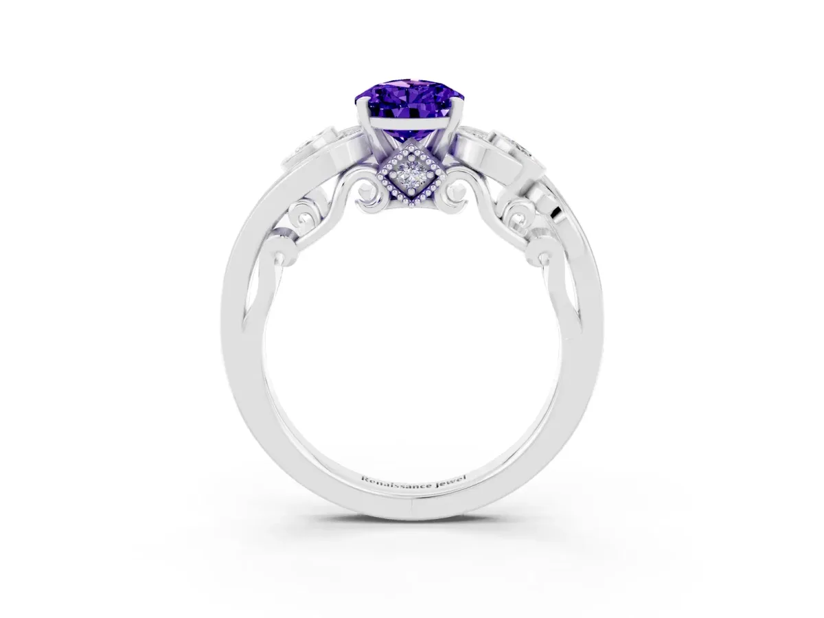Pear Cut Tanzanite Solitaire Ring with Milgrain Pavé Band and Four-Prong Setting Silver