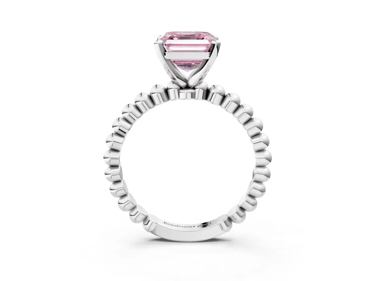 Fancy Pink Asscher Cut Diamond Solitaire Ring with Beaded Band and Prong Setting Platinum