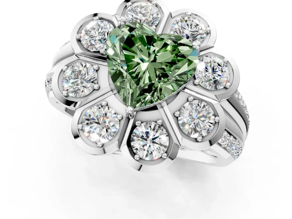 Fancy Green Heart Cut Brilliant Flower Halo Diamond Split Shank Ring Platinum