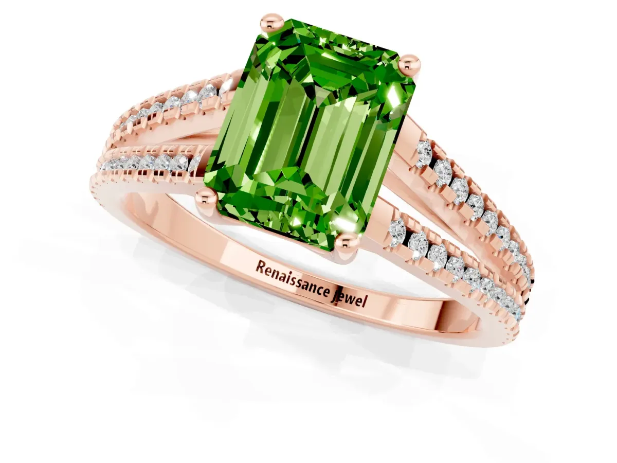 Emerald Cut Peridot Solitaire Engagement Ring with Split Shank Pavé Band Rose gold