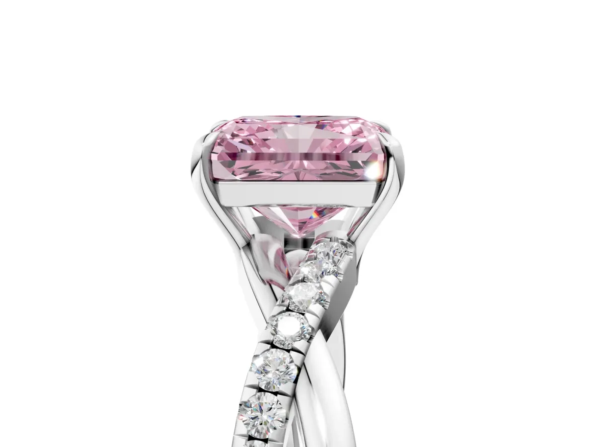 Fancy Pink Radiant Cut Cut Diamond Twisted Band with Pavé Setting and Four-Prong Setting Platinum