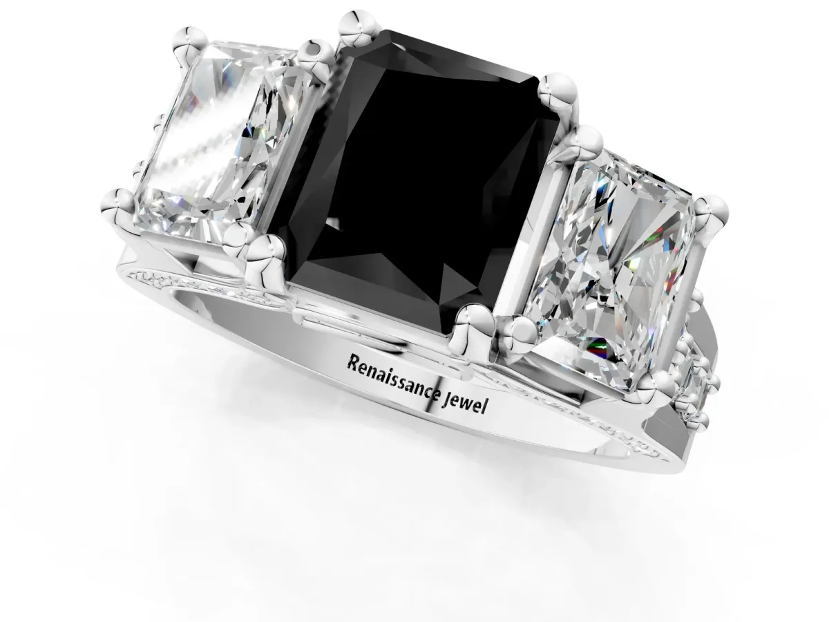 Fancy Black Radiant Cut Diamond Three-Stone Ring with Channel Set Band and Four-Prong Setting Platinum