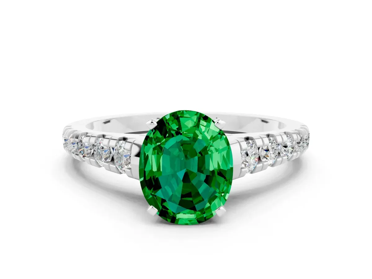 Oval Cut Emerald Cathedral Solitaire Ring with Round Pavé Band White gold