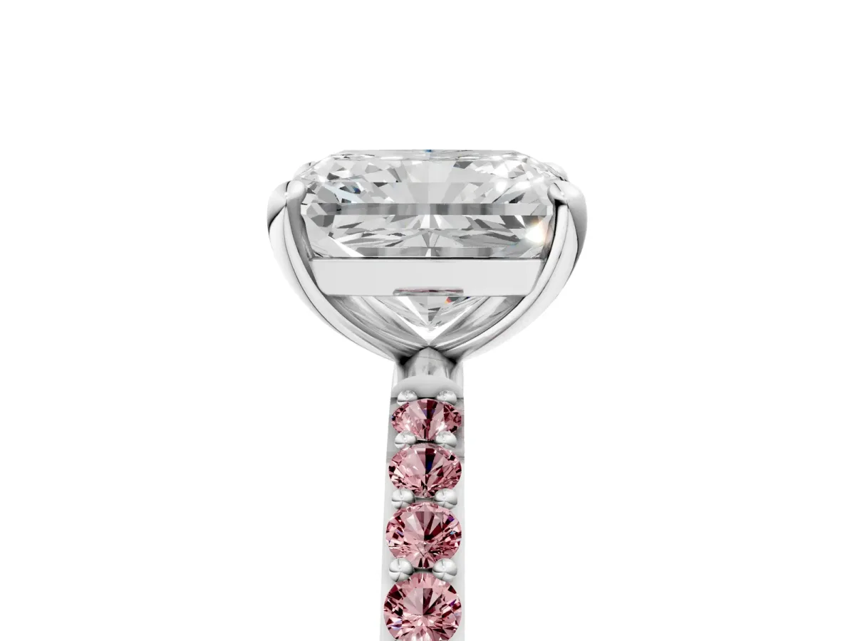 Radiant Cut Diamond Solitaire Ring with Round Morganite Pavé Band and Prong Setting Silver