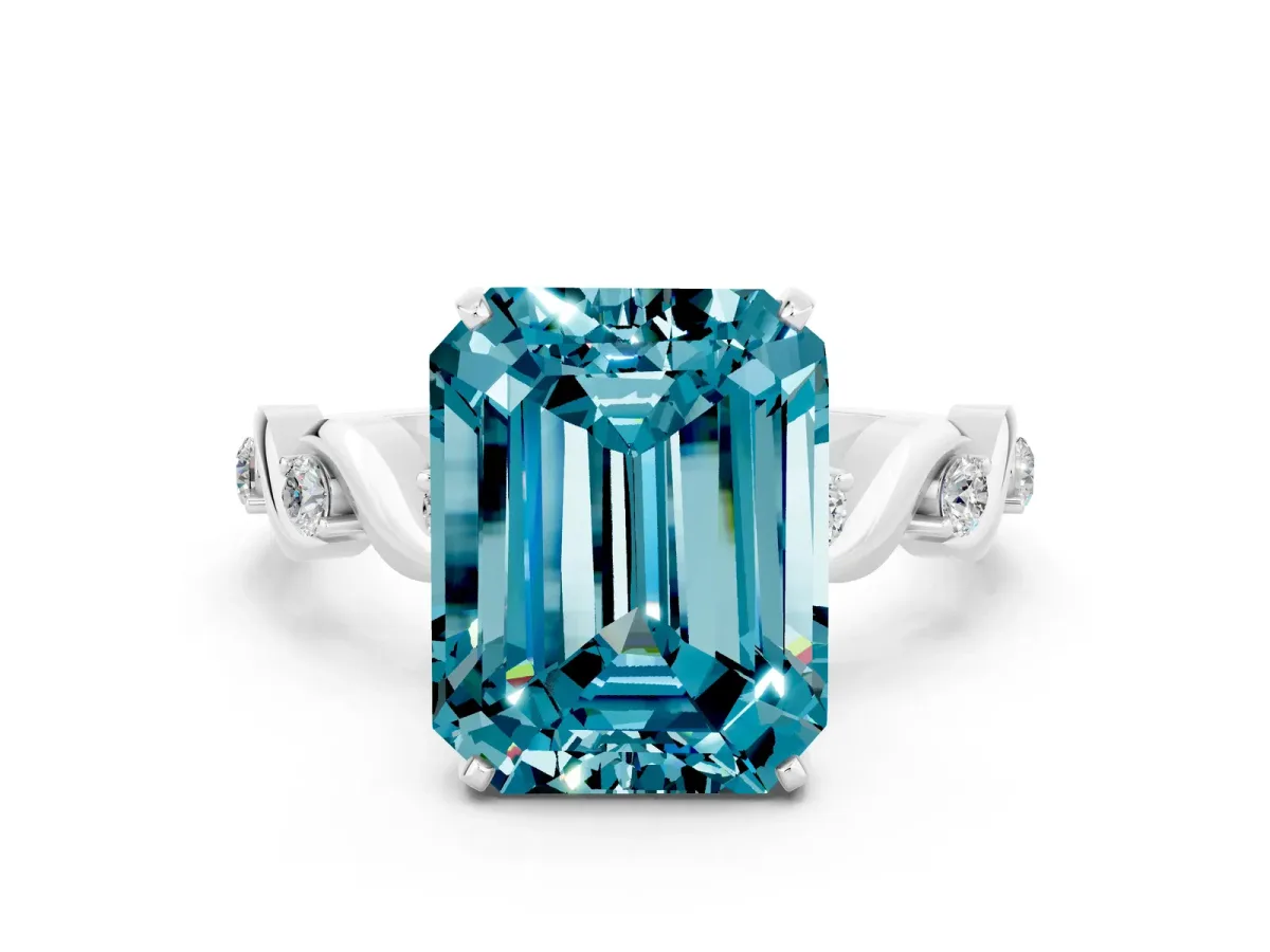 Emerald Cut Blue Topaz Solitaire Twisted Band with Round Accents and Prong Setting Silver