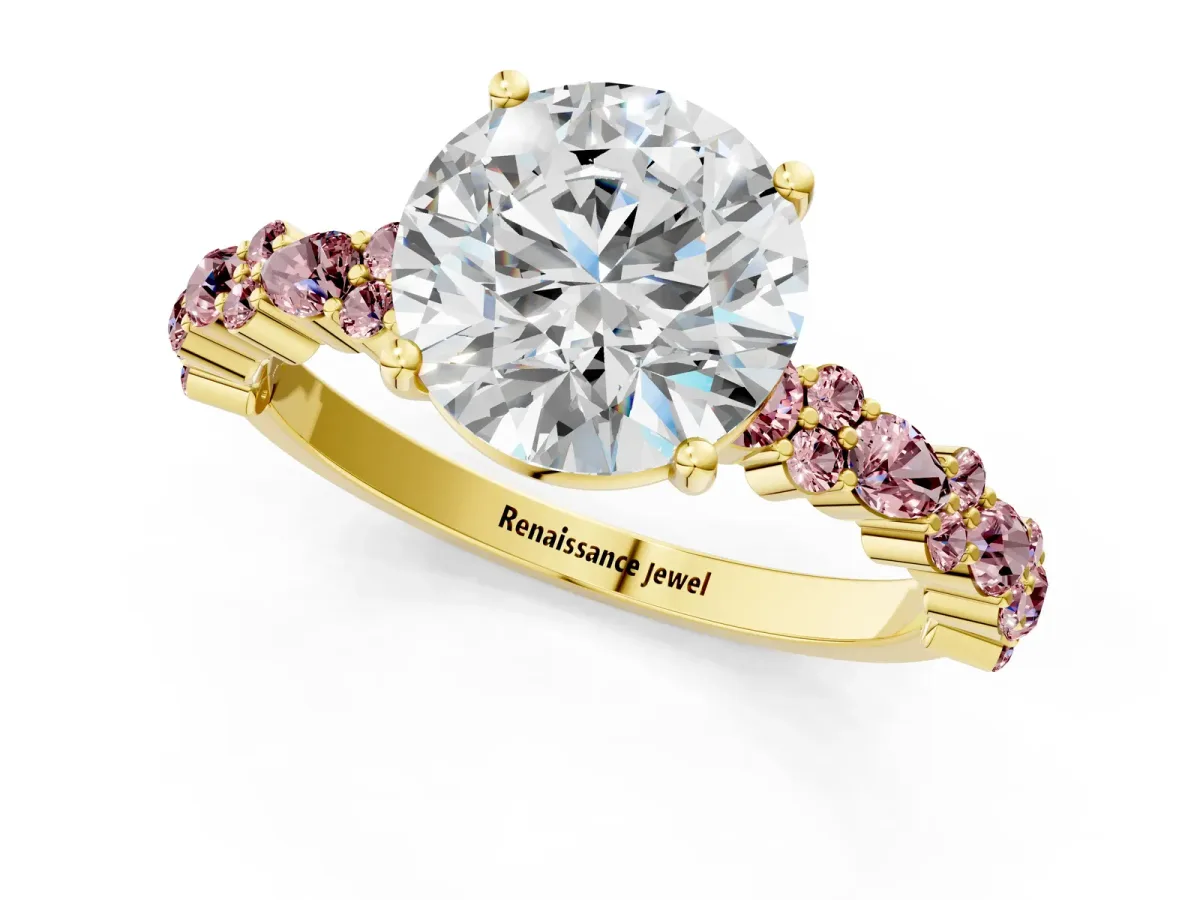 Round Cut Diamond Side Stone Solitaire Ring with Round Morganite and Four-Prong Setting Yellow gold